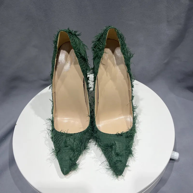 Green Tassel Distressed Fabric Stiletto High Heels Chic Sexy Pumps