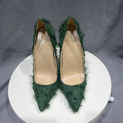 Green Tassel Distressed Fabric Stiletto High Heels Chic Sexy Pumps
