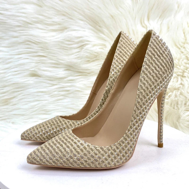 Gold Sequined Women Pointy Toe High Heels