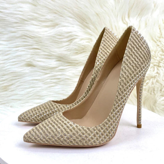 Gold Sequined Women Pointy Toe High Heels