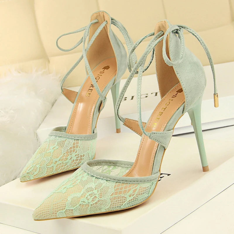 Cross Straps Women Sandals Mesh Lace High Heels Stiletto Party Shoes