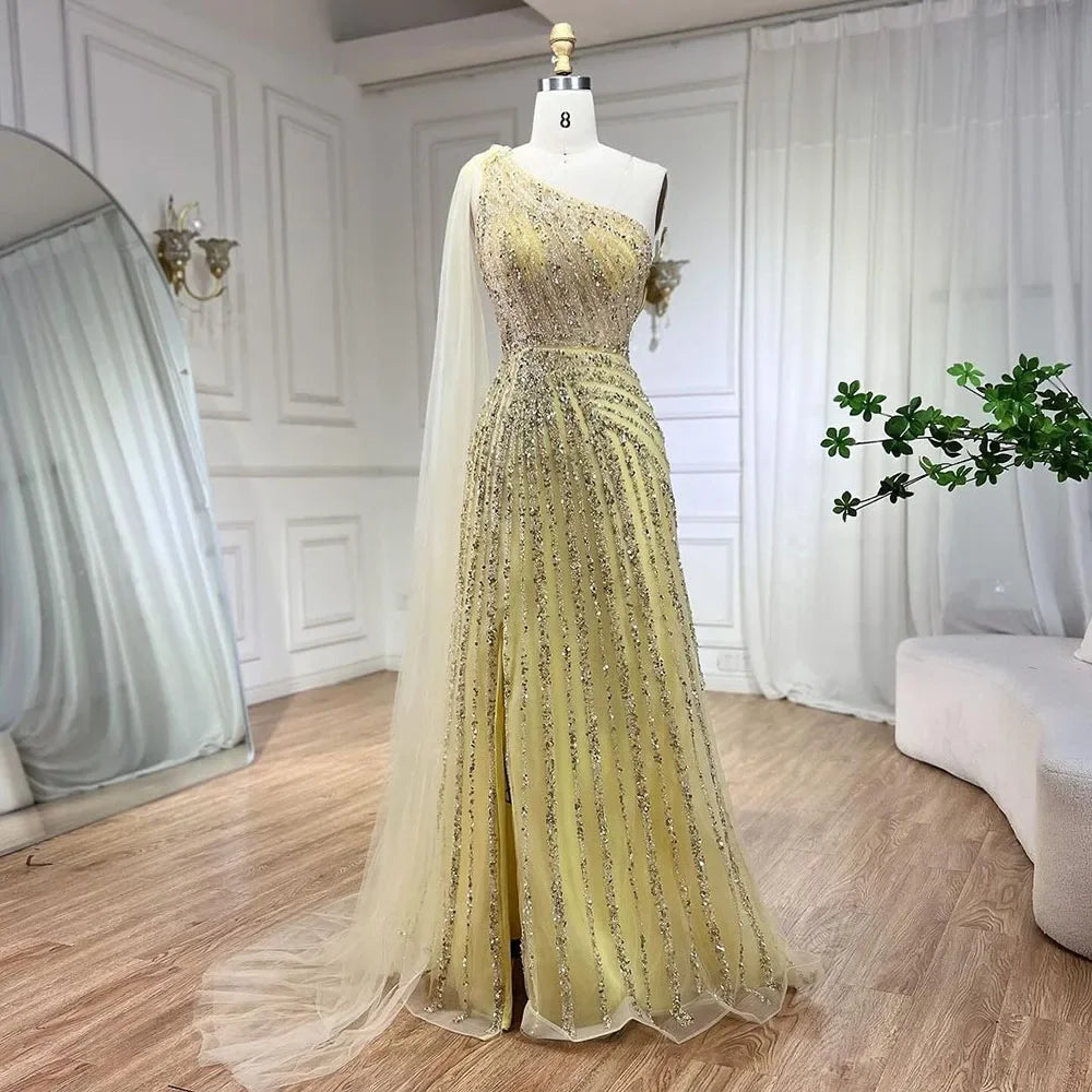 One-Shoulder Cape Sleeve Beaded Evening Dresses