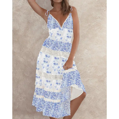 Lace Trim V-Neck Floral Vacation Dress