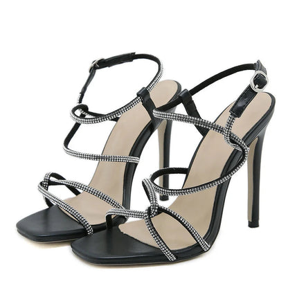 Crystal Narrow Band Open Toe High Heels with Buckle Strap