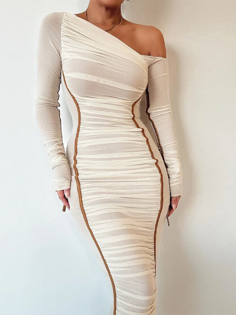 Diagonal Collar Draped Mesh Maxi Dress