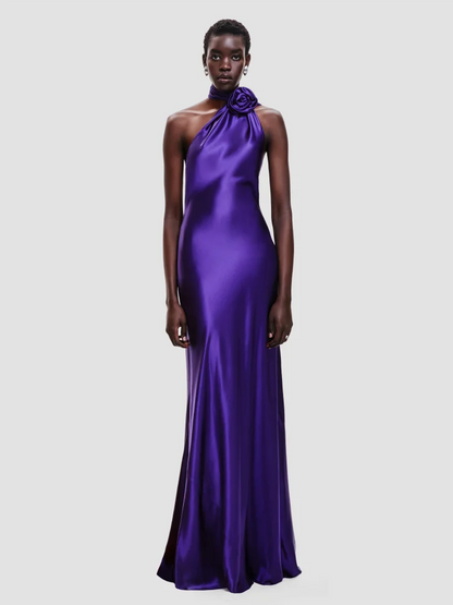 Purple Satin Halter Neck 3D Flower Scarf Maxi Dress