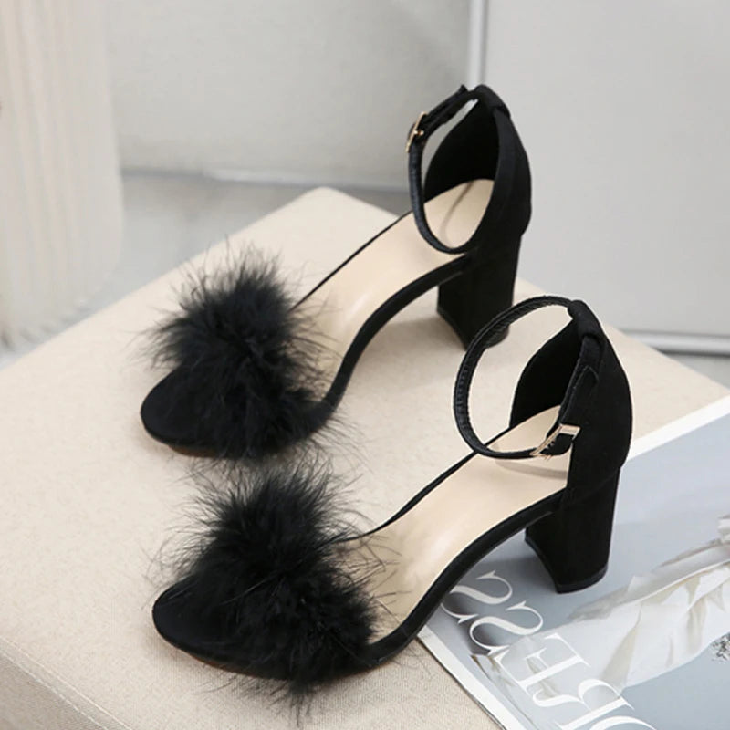 Summer Gladiator Sandals with Fluffy Peep Toe and Low Square High Heels for Women