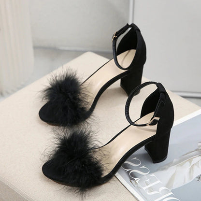 Summer Gladiator Sandals with Fluffy Peep Toe and Low Square High Heels for Women