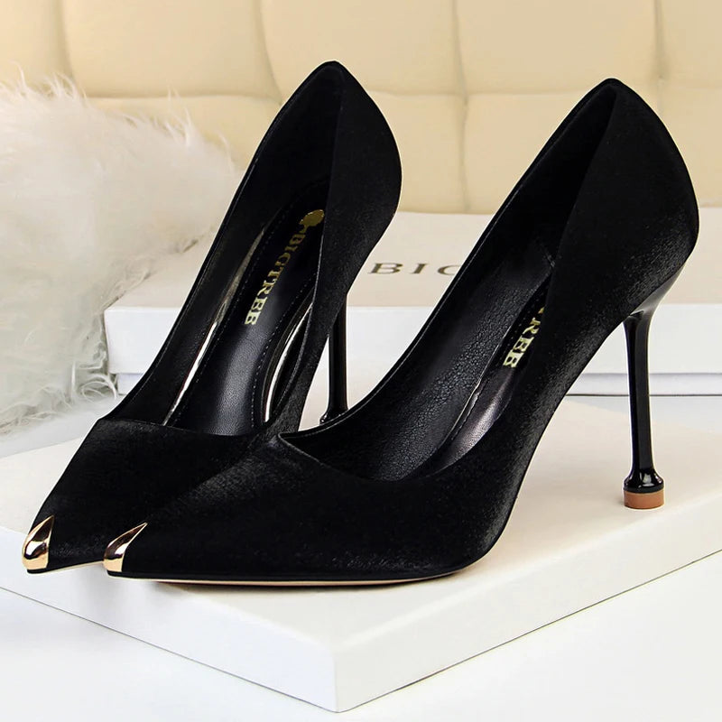 Luxurious Satin High Heel Pumps with Metal Tip Stiletto for Spring Banquets