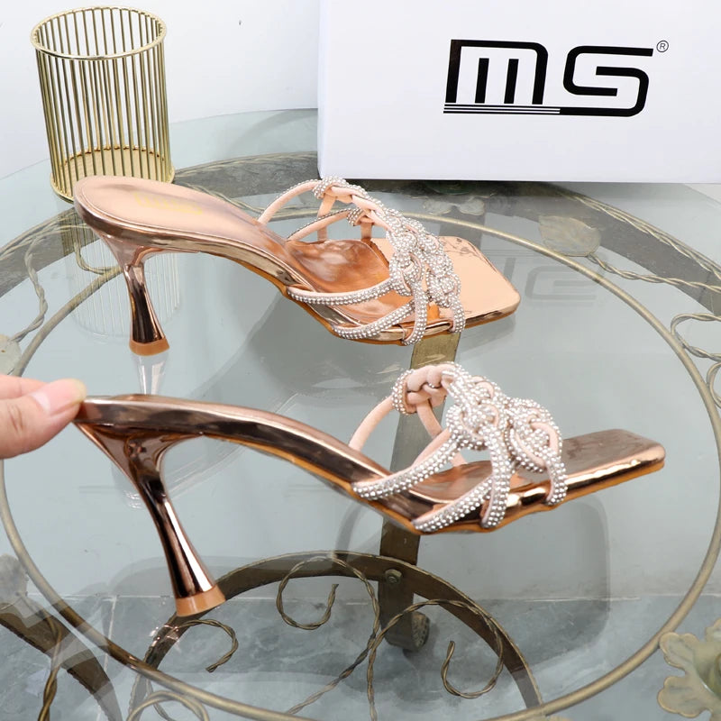 Autumn new rhinestone stiletto sandals with hollow out design