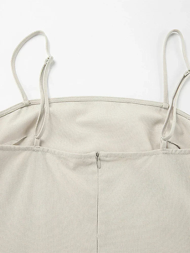 Square Neck Spaghetti Strap Linen Look Flowy Maxi Dress