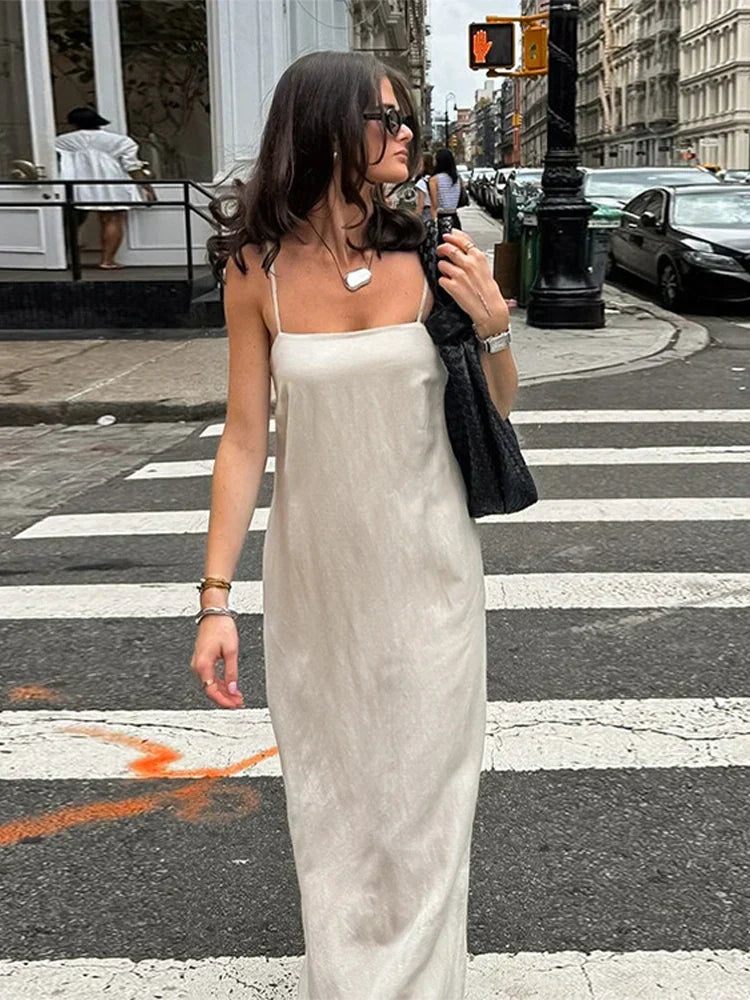 Square Neck Spaghetti Strap Linen Look Flowy Maxi Dress