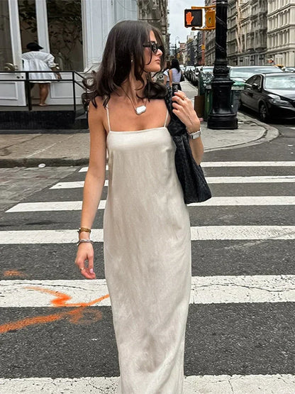 Square Neck Spaghetti Strap Linen Look Flowy Maxi Dress