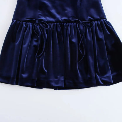 Round Neck Bow Velvet Blue Dress