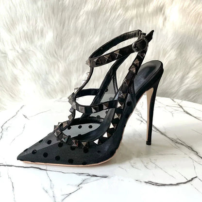 Black Gauze Mesh Gladiator High Heel Shoes with Summer Studs Rivets and Backless Design