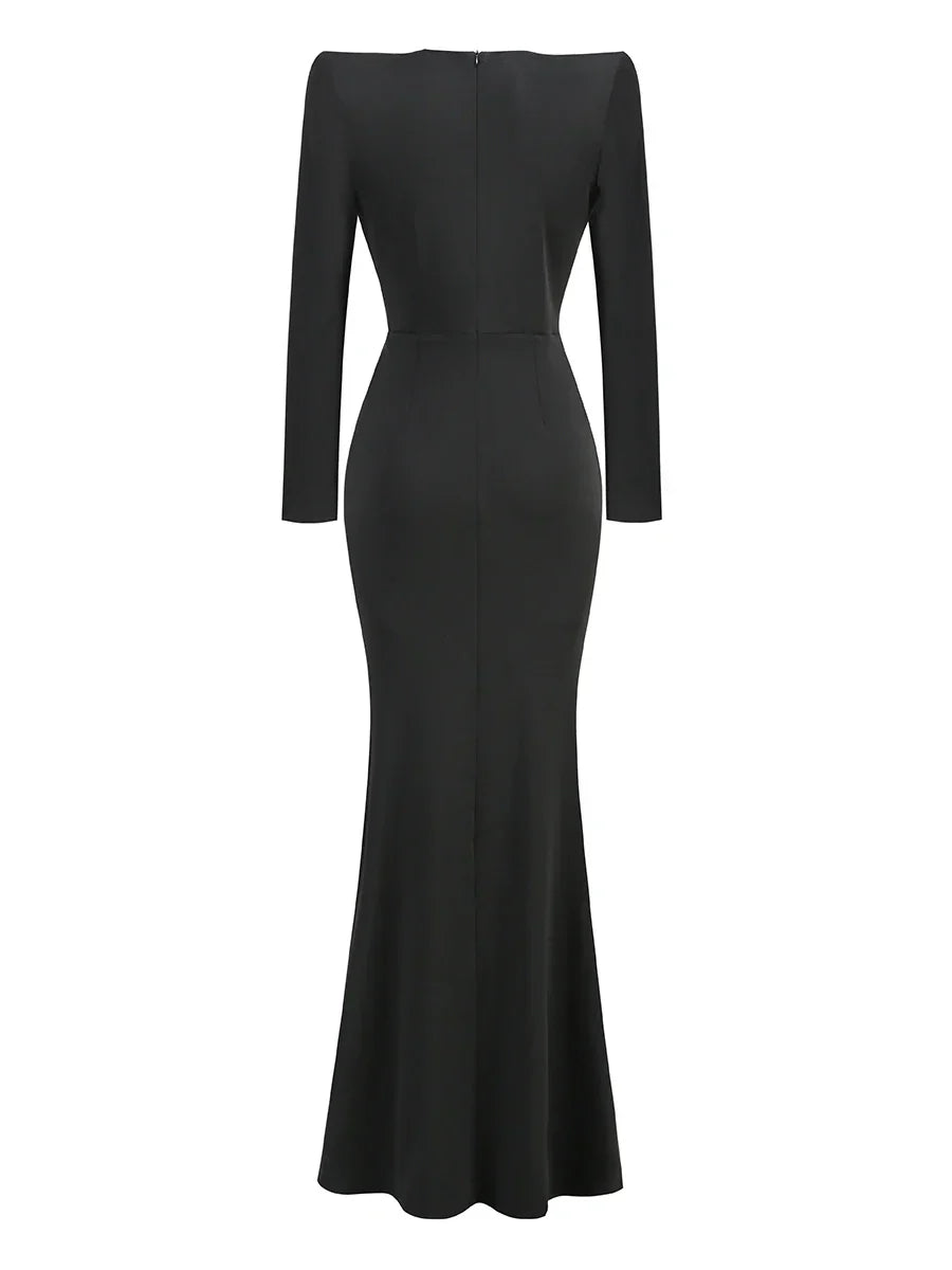 Deep V Neck Black Rhinestone Floor Long Dress