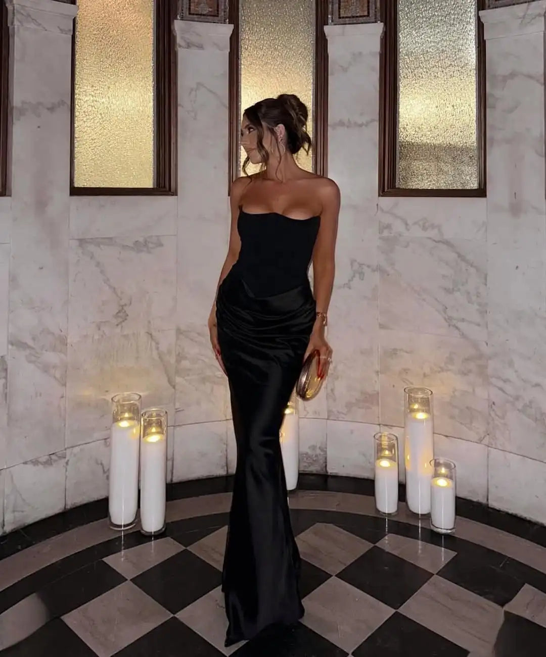 Strapless Pink Satin Corset Silk Dress