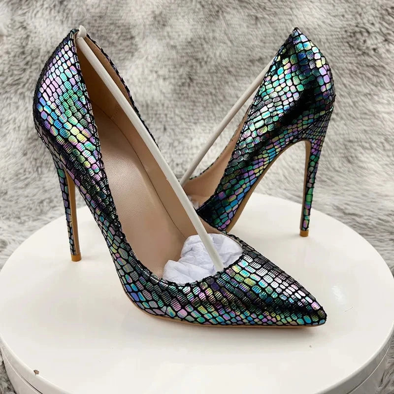 Shiny Laser Crocodile Pointy Toe High Heel Shoes