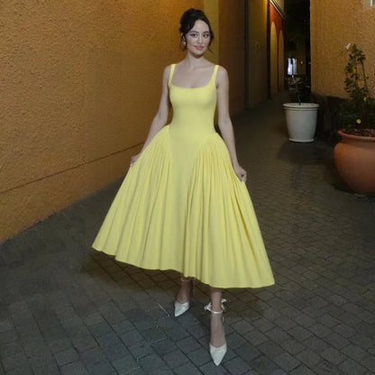 Yellow Square Collar Suspender Slim Pleated Prom Dress