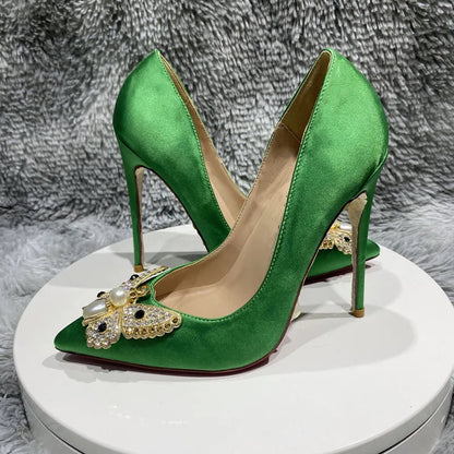 Green Satin Silk Pointy Toe High Heel Shoes with Glitter Butterfly Decor for Women