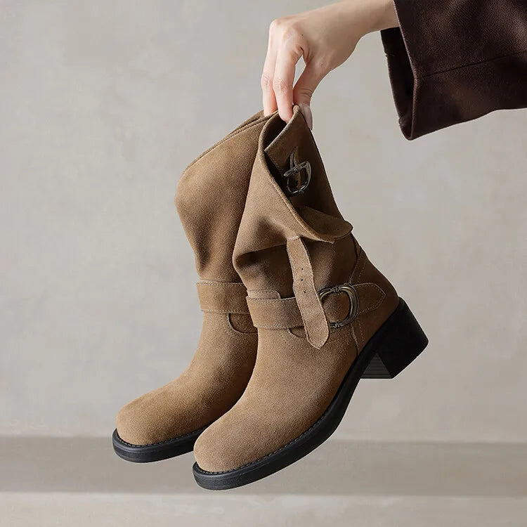 | Suede Buckle Boots in Black