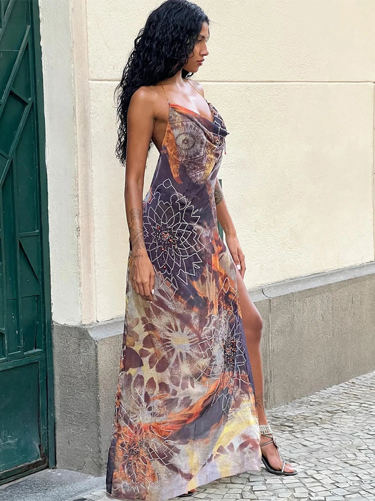 Aesthetic Print Mesh Split Maxi Dress