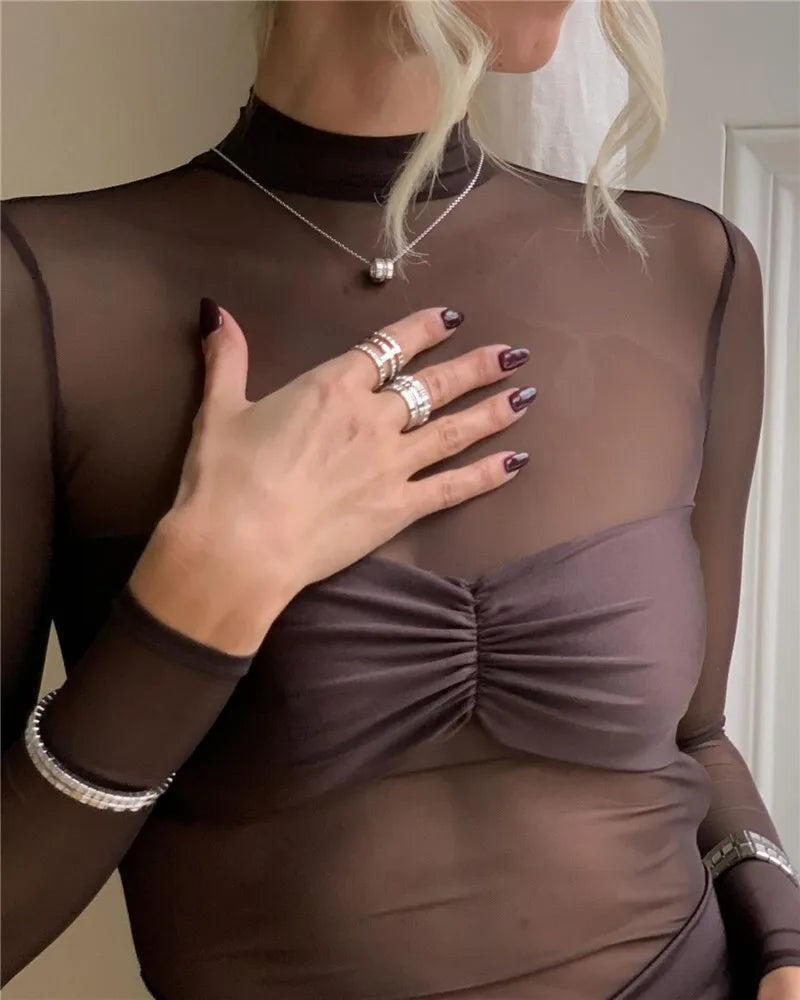 | Sheer Mesh Bodycon Midi Dress