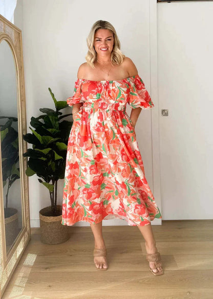 Off Shoulder Puff Sleeve Smocked Waist Floral Print Pocket Midi Dress