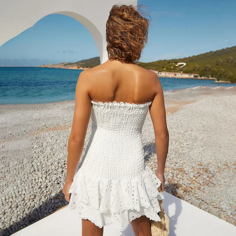 Hollow Strapless Print Slim Pleated Mini Prom Dress