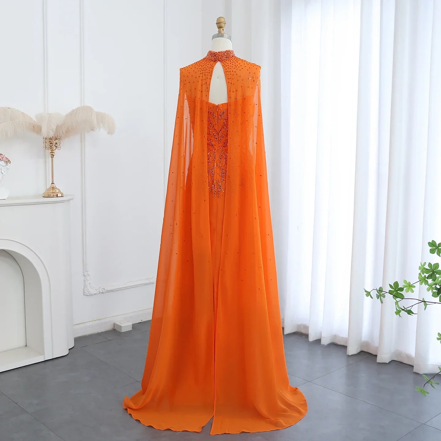 Orange Evening Dress with Cape Sleeves
