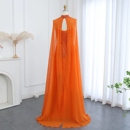 Orange Strapless Evening Dress with Cape Sleeve