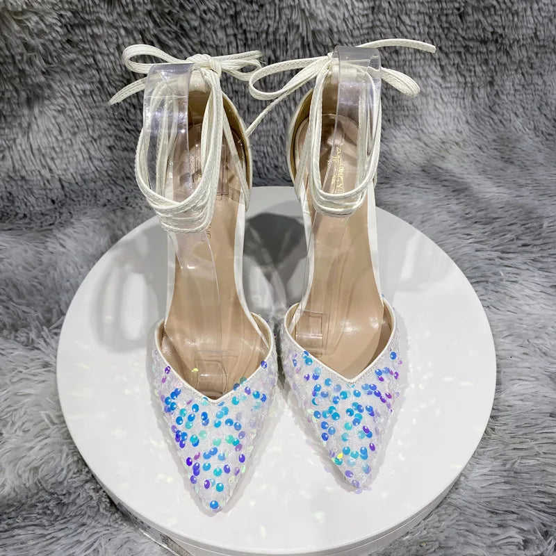Sequined Pointy Toe High Heel Leg Strap Shoes