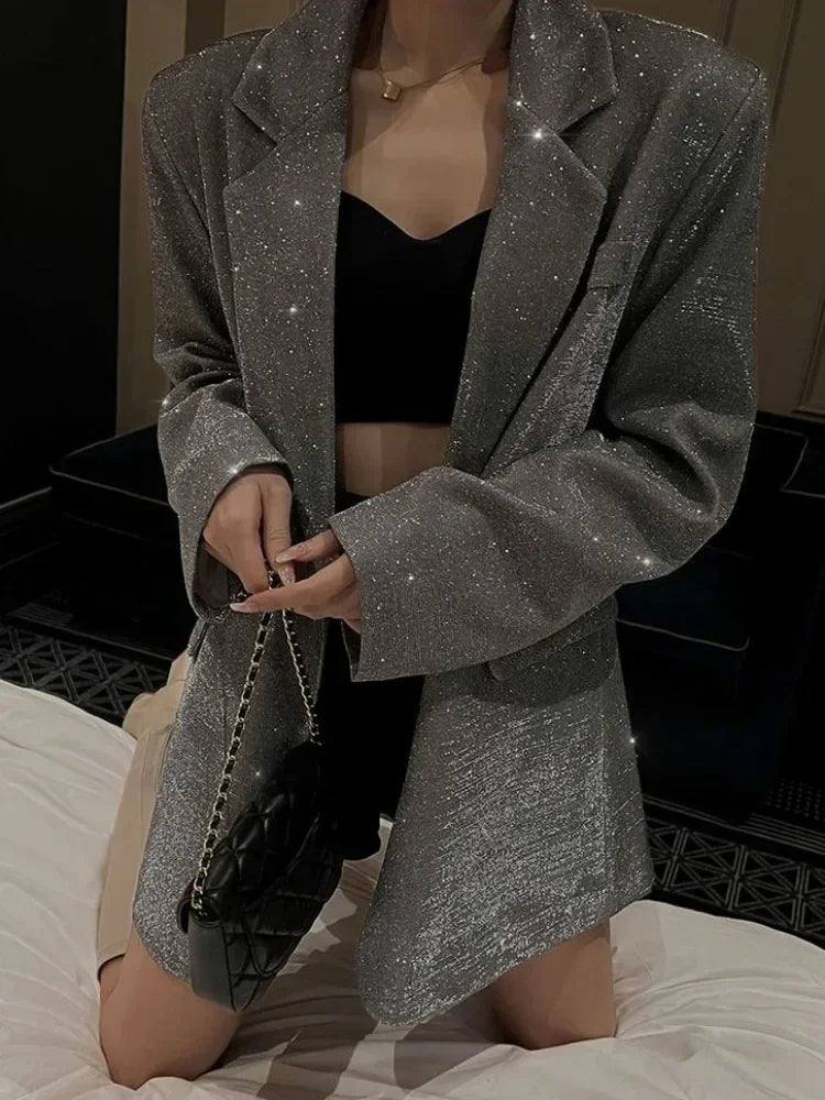 Sequin Glitter Pocket Lapel Coat