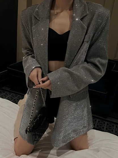Sequin Glitter Pocket Lapel Coat