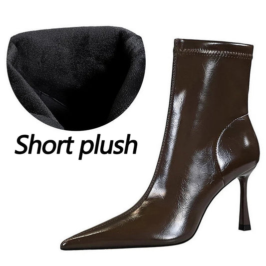 Leather High Heel Boots with Side Zipper and Warm Plush Lining for Winter