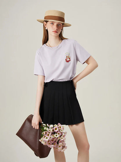 Cat Embroidered Beige Loose T-shirt
