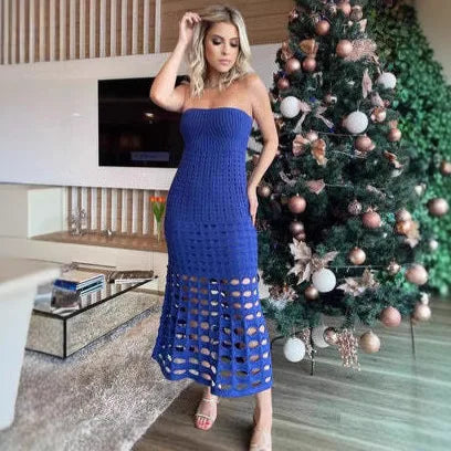 Hollow Strapless Knitted Maxi Dress