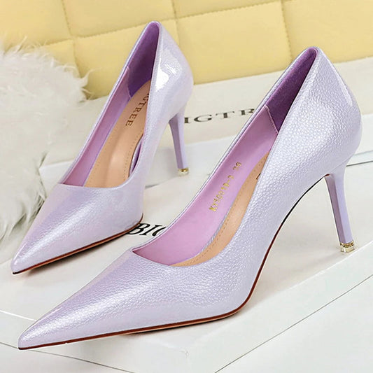 Crystal Patent Leather Women Pumps Pointed High Heels Stilettos Kitten Heels