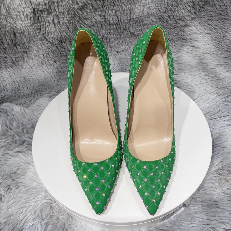 Green Flock Fabric Plaid Pointy Toe High Heel Shoes with Rhinestones for Women