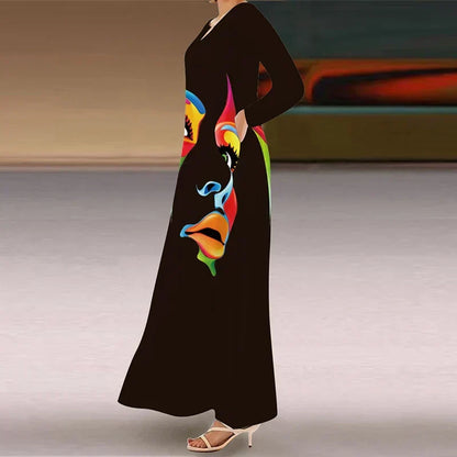 Abstract Face Print Long Sleeve V-Neck Side Pocket Maxi Dress