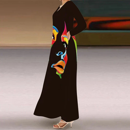 Abstract Face Print Long Sleeve V-Neck Side Pocket Maxi Dress