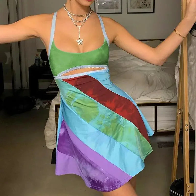 Y2K Color U-Neck Cutout Ho Bodycon Dress