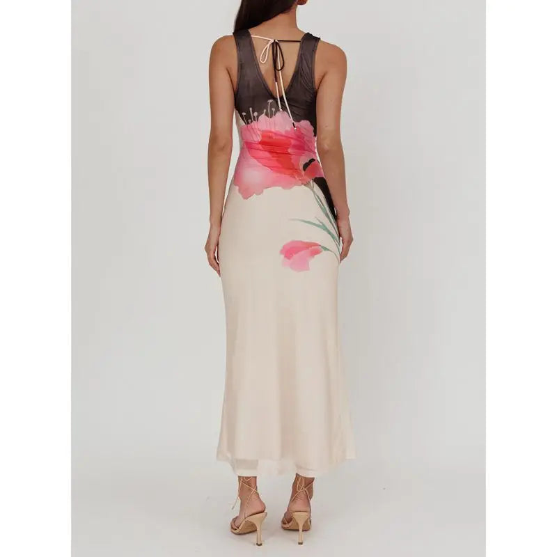 Lace-up Tie-dye Mesh Long Vacation Dress
