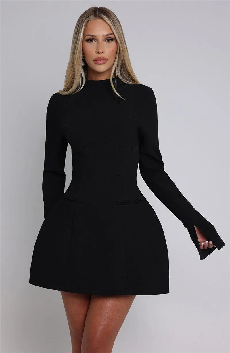 | White High Neck Long Sleeve Mini Dress