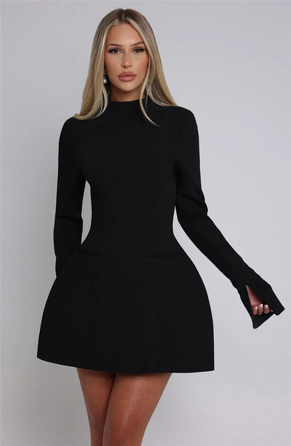 | White High Neck Long Sleeve Mini Dress