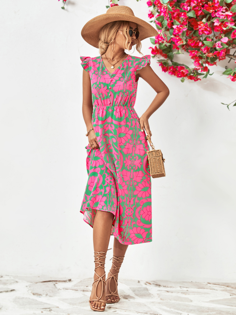 Deep V Neck Button Bodice Flutter Sleeve Damask Print Empire Waist Midi Dress