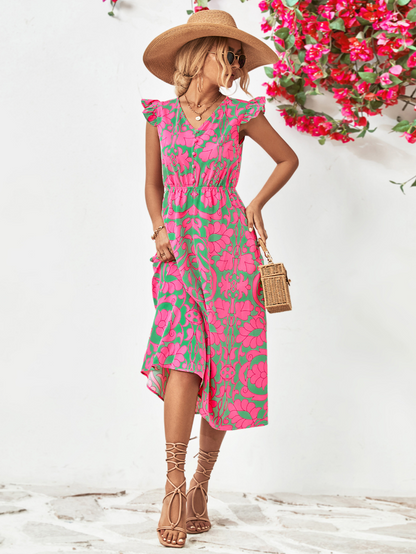Deep V Neck Button Bodice Flutter Sleeve Damask Print Empire Waist Midi Dress