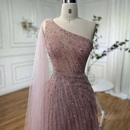 One-Shoulder Cape Sleeve Beaded Evening Dresses