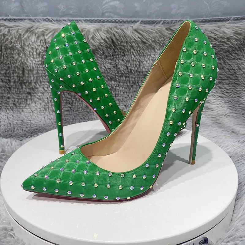 Green Flock Fabric Plaid Pointy Toe High Heel Shoes with Rhinestones for Women