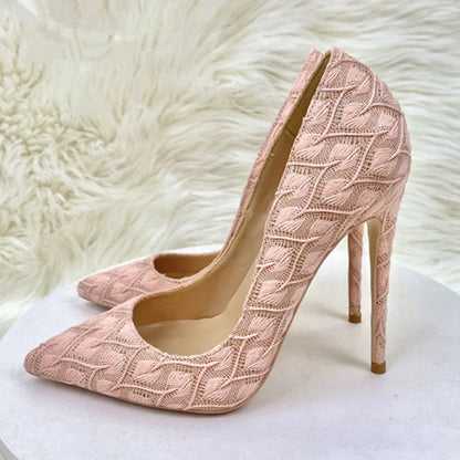 Pink Lace Fabric Pointy Toe High Heel Wedding Bridemaids Shoes